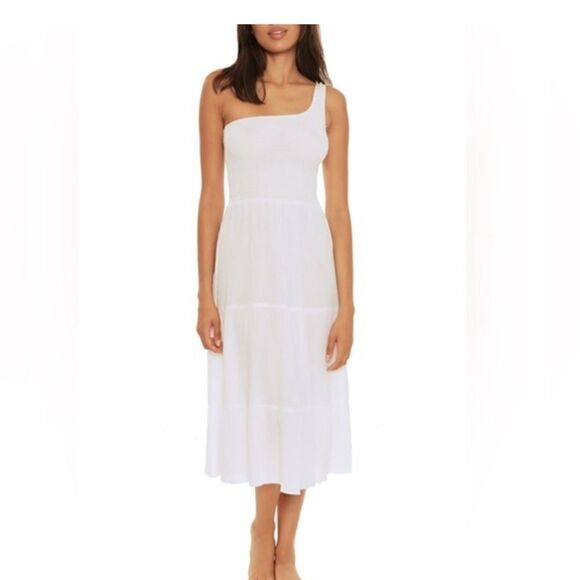 NWT BECCA Smocked Ponza One-Shoulder Flowy White Coverup Midi Dress - Picture 1 of 7